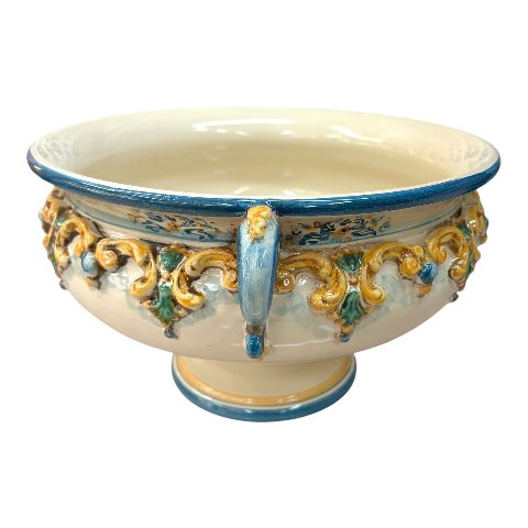 Centrotavola alzata in ceramica siciliana decoro tricolore blu, arancione e verde Produzione artigianale di Caltagirone Diametro 30cm