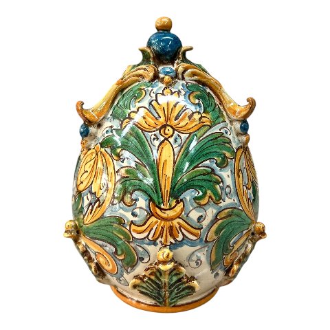 Uovo di Pasqua in pregiata ceramica siciliana decoro ornato floreale verde e giallo Produzione artigianale di Caltagirone h.24cm