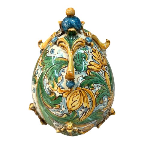 Uovo di Pasqua in pregiata ceramica siciliana decoro ornato floreale verde e giallo Produzione artigianale di Caltagirone h.24cm