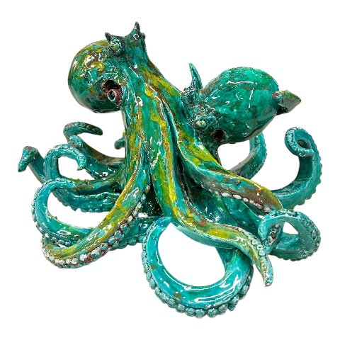 Scultura Polpo combattente in ceramica siciliana decoro blu marino e giallo Produzione artigianale di Palermo lunghezza 30cm