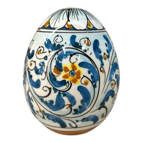 Uovo di Pasqua in ceramica siciliana decoro seicento blu Produzione artigianale di Caltagirone h.14cm