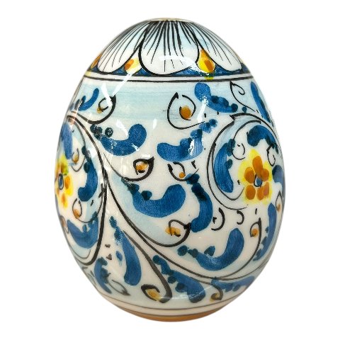 Uovo di Pasqua in ceramica siciliana decoro seicento blu Produzione artigianale di Caltagirone h.14cm
