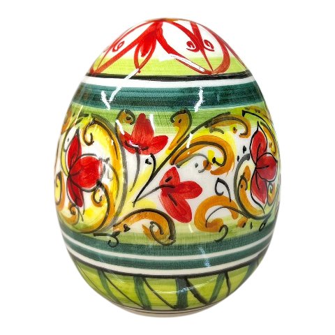 Uovo di Pasqua in ceramica siciliana decoro floreale rosso e verde Produzione artigianale di Caltagirone h.14cm