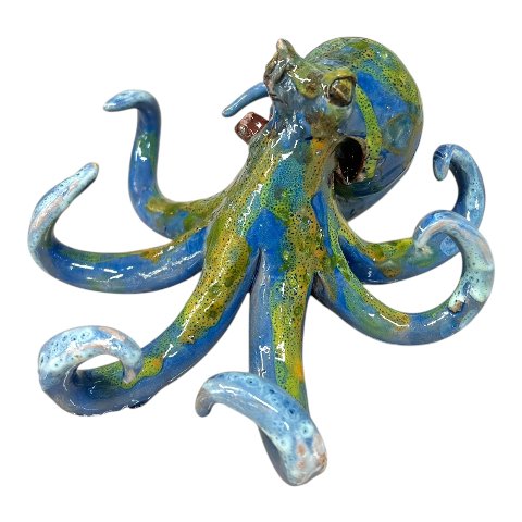 Polpo in ceramica siciliana decoro blu marino e giallo Produzione artigianale di Palermo lunghezza 15cm