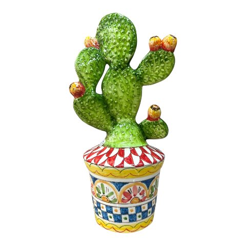 Pianta fico d’india con vaso decorato in ceramica siciliana decoro carretto Produzione artigianale di Santo Stefano di Camastra h.50cm