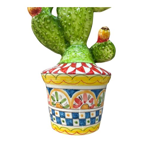 Pianta fico d’india con vaso decorato in ceramica siciliana decoro carretto Produzione artigianale di Santo Stefano di Camastra h.50cm