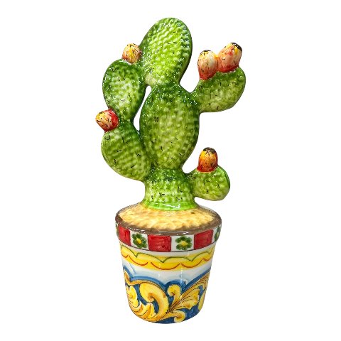 Vaso fico d’india in ceramica siciliana decoro ornato Produzione artigianale di Santo Stefano di Camastra h.38cm