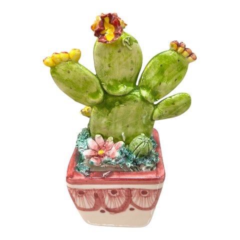 Pianta fico d’india in ceramica siciliana con vaso quadrato Produzione artigianale  di Caltagirone h.15cm
