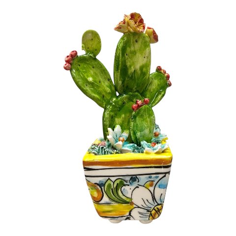 Pianta fico d’india in ceramica siciliana con vaso quadrato Produzione artigianale  di Caltagirone h.15cm