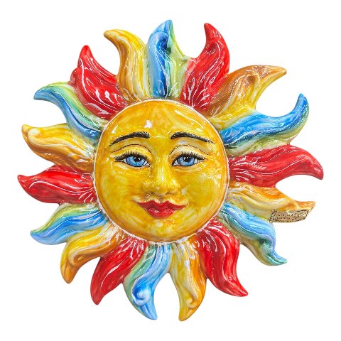 Sole da parete in ceramica siciliana decoro multicolore Produzione artigianale di Santo Stefano di Camastra lunghezza 30cm