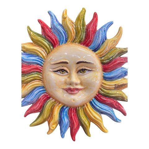 Sole da parete in ceramica siciliana decoro multicolore Produzione artigianale di Santo Stefano di Camastra Lunghezza 43cm
