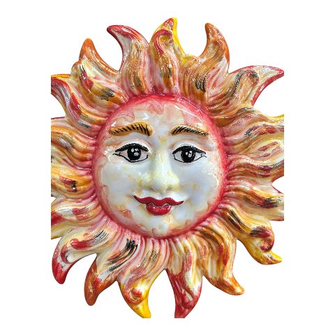 Sole da parete in ceramica siciliana decoro rosso fuoco e giallo Produzione artigianale di Santo Stefano di Camastra lunghezza 30cm