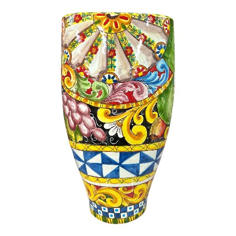 Vaso schiacciato in ceramica siciliana decoro con ruota di carretto e frutta Produzione artigianale di Santo Stefano di Camastra h.40cm