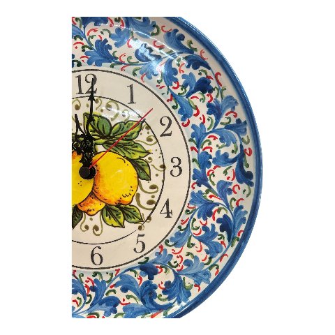 Orologio da parete in ceramica siciliana decoro blu con limoni Produzione artigianale di Santo Stefano di Camastra Diametro 30cm