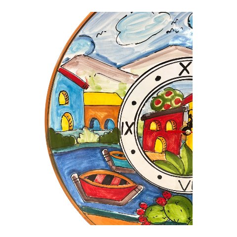 Orologio da parete in ceramica siciliana decoro marittimo naif con fichi d’india Produzione artigianale di Santo Stefano di Camastra Diametro 37cm