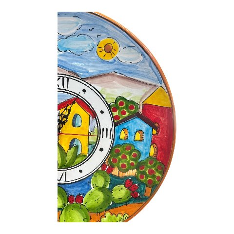 Orologio da parete in ceramica siciliana decoro marittimo naif con fichi d’india Produzione artigianale di Santo Stefano di Camastra Diametro 37cm