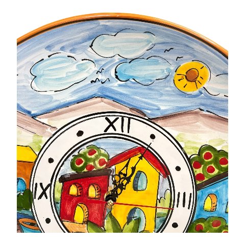 Orologio da parete in ceramica siciliana decoro marittimo naif con fichi d’india Produzione artigianale di Santo Stefano di Camastra Diametro 37cm