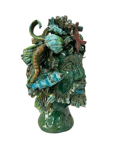 Testa di moro collezione I Miti modello Nettuno decoro verde Produzione artigianale di Palermo h.30cm