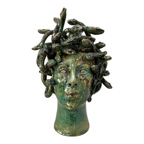 Testa di moro collezione I Miti modello Medusa decoro verde con sfumature terracotta Produzione artigianale di Palermo h.40cm