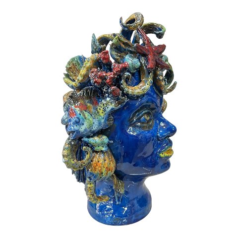 Testa di moro collezione I Miti modello Sirena decoro blu marino Produzione artigianale di Palermo h.30cm
