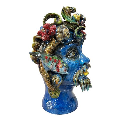 Testa di moro collezione I Miti modello Nettuno decoro blu marino Produzione artigianale di Palermo h.30cm