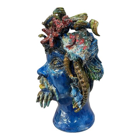 Testa di moro collezione I Miti modello Nettuno decoro blu marino Produzione artigianale di Palermo h.30cm