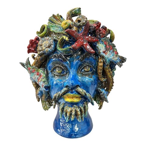 Testa di moro collezione I Miti modello Nettuno decoro blu marino Produzione artigianale di Palermo h.30cm