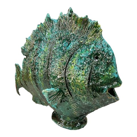 Statua pesce gigante d’appoggio in ceramica siciliana decoro verde Produzione artigianale di Palermo Lunghezza 60cm