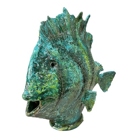 Statua pesce gigante d’appoggio in ceramica siciliana decoro verde Produzione artigianale di Palermo Lunghezza 60cm
