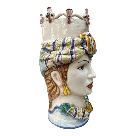 Teste di moro in ceramica siciliana decoro con turbante e corona Produzione artigianale di Caltagirone h.40cm