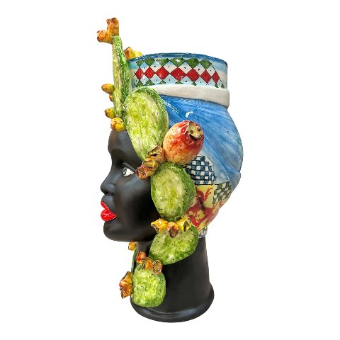 Teste di moro in ceramica siciliana decoro carretto con fichi d’india viso nero satinato Produzione artigianale di Caltagirone h.55cm