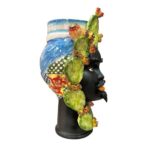Teste di moro in ceramica siciliana decoro carretto con fichi d’india viso nero satinato Produzione artigianale di Caltagirone h.55cm