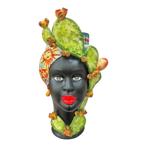 Teste di moro in ceramica siciliana decoro carretto con fichi d’india viso nero satinato Produzione artigianale di Caltagirone h.55cm
