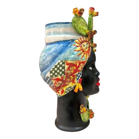Teste di moro in ceramica siciliana decoro carretto con fichi d’india viso nero satinato Produzione artigianale di Caltagirone h.55cm