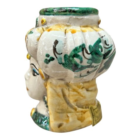 Testa di moro donna con turbante in ceramica siciliana decoro seicento verde Produzione artigianale di Caltagirone h.11cm