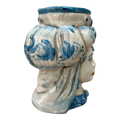 Testa di moro donna in ceramica siciliana con turbante decoro seicento blu Produzione artigianale di Caltagirone h.15cm
