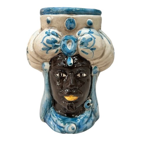 Testa di moro uomo viso nero lucido con turbante in ceramica siciliana decoro seicento blu Produzione artigianale di Caltagirone h.15cm