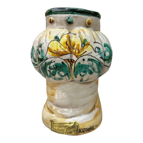 Testa di moro uomo con turbante in ceramica siciliana decoro seicento verde Produzione artigianale di Caltagirone h.15cm