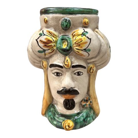 Testa di moro uomo con turbante in ceramica siciliana decoro seicento verde Produzione artigianale di Caltagirone h.15cm