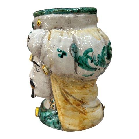 Testa di moro uomo con turbante in ceramica siciliana decoro seicento verde Produzione artigianale di Caltagirone h.15cm