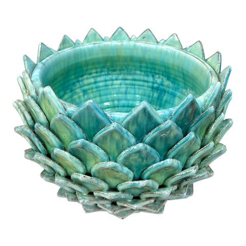 Vaso loto portapianta in ceramica siciliana decoro verde acqua Produzione artigianale di Santo Stefano di Camastra Diametro 30cm