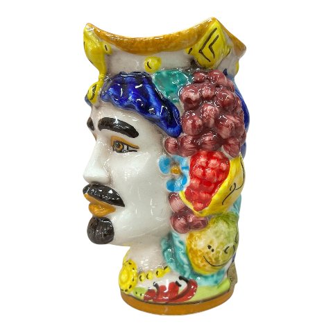 Testa di moro uomo con frutta e fichi d’india in ceramica siciliana Produzione artigianale di Caltagirone h.15cm