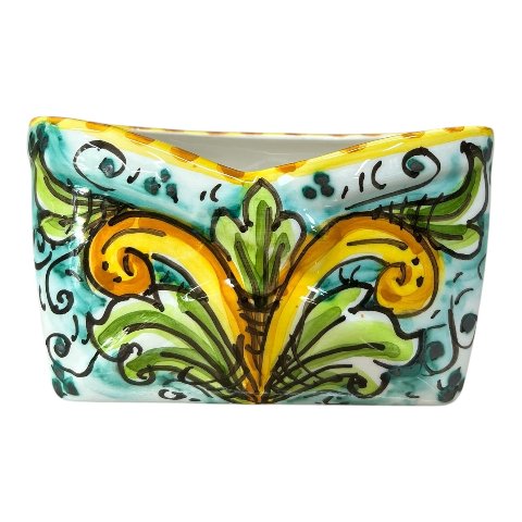 Porta biglietti da visita da tavolo decoro ornato fondo verde in ceramica siciliana Produzione artigianale di Caltagirone Lunghezza 12cm