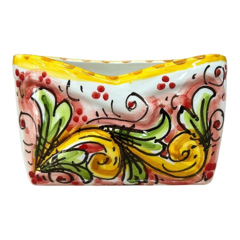 Porta biglietti da visita da tavolo in ceramica siciliana decoro ornato barocco fondo rosso Produzione artigianale di Caltagirone Lunghezza 12cm