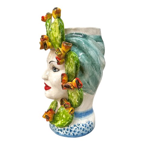 Teste di moro coppia in ceramica siciliana decoro con fichi d’india Produzione artigianale di Caltagirone h.30cm