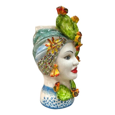 Teste di moro coppia in ceramica siciliana decoro con fichi d’india Produzione artigianale di Caltagirone h.30cm