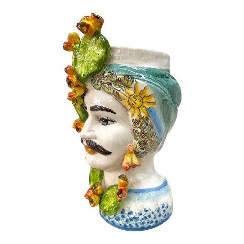 Teste di moro coppia in ceramica siciliana decoro con fichi d’india Produzione artigianale di Caltagirone h.30cm