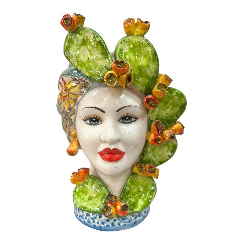 Teste di moro coppia in ceramica siciliana decoro con fichi d’india Produzione artigianale di Caltagirone h.30cm