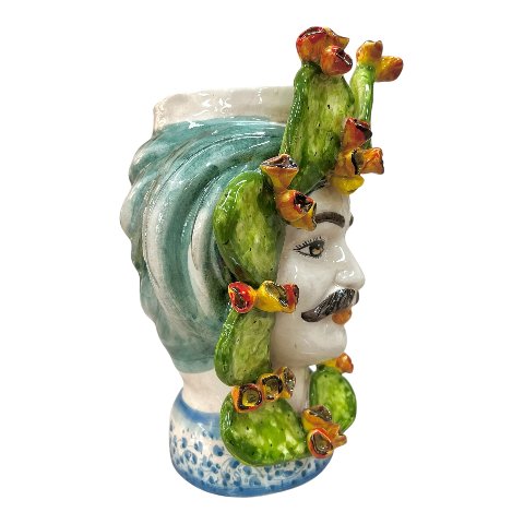 Teste di moro coppia in ceramica siciliana decoro con fichi d’india Produzione artigianale di Caltagirone h.30cm