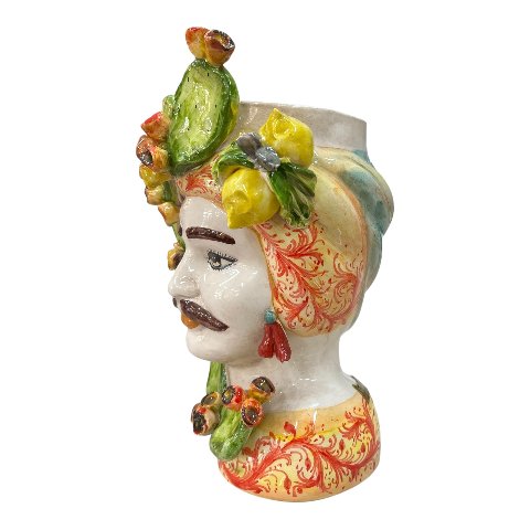 Teste di moro coppia con fichi d’india e limoni in ceramica siciliana Produzione artigianale di Caltagirone h.30cm